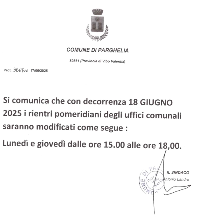Cambio orario uffici Comunali